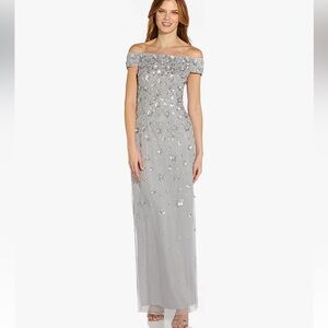 Adrianna Papell Off‎ Shoulder Beaded Gray Formal Gown Mother of bride Dress SZ 8